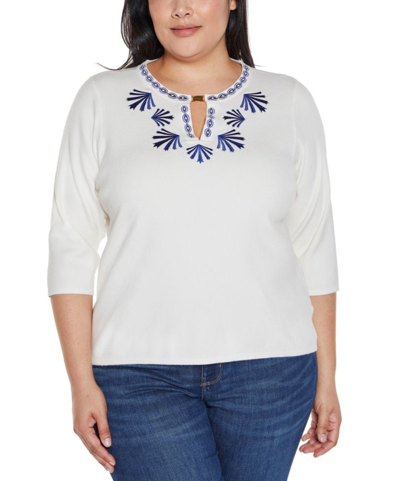 Plus Size Black Label Embroidered Split-Neck Sweater