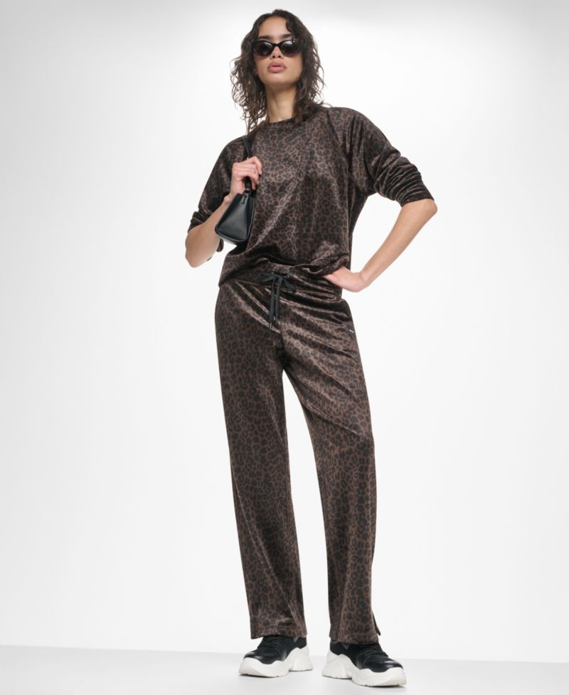 Women's Leopard-Print Mid-Rise Soft Velour Track Pants