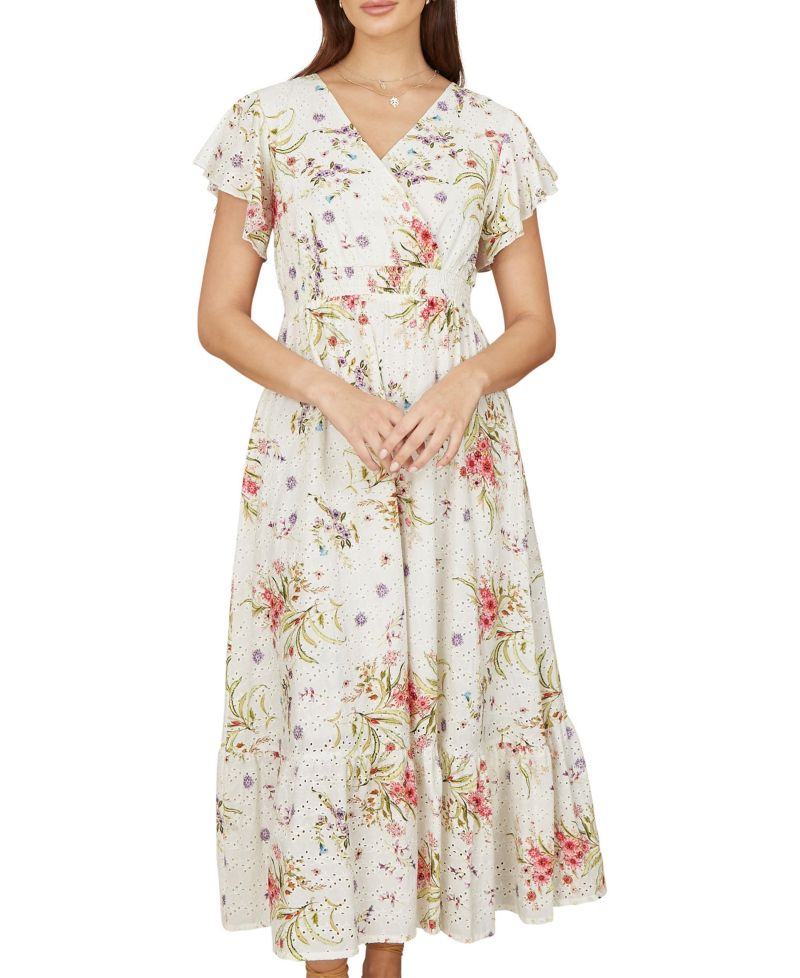 Women's Floral Broderie Anglaise Wrap Midi Dress