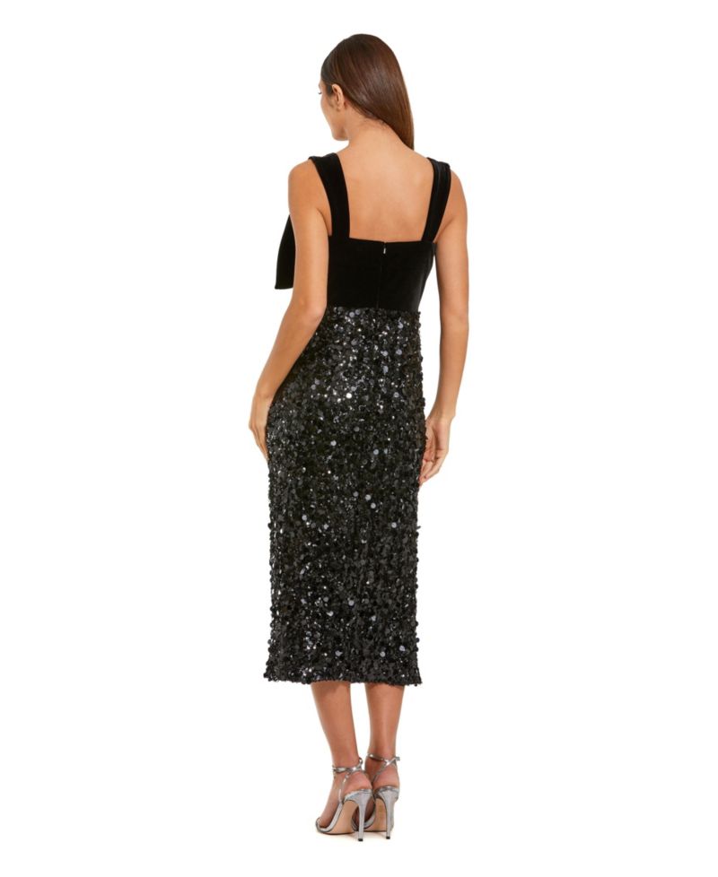 Women's Sleeveless Sequin Midi Dress With Velvet Bow