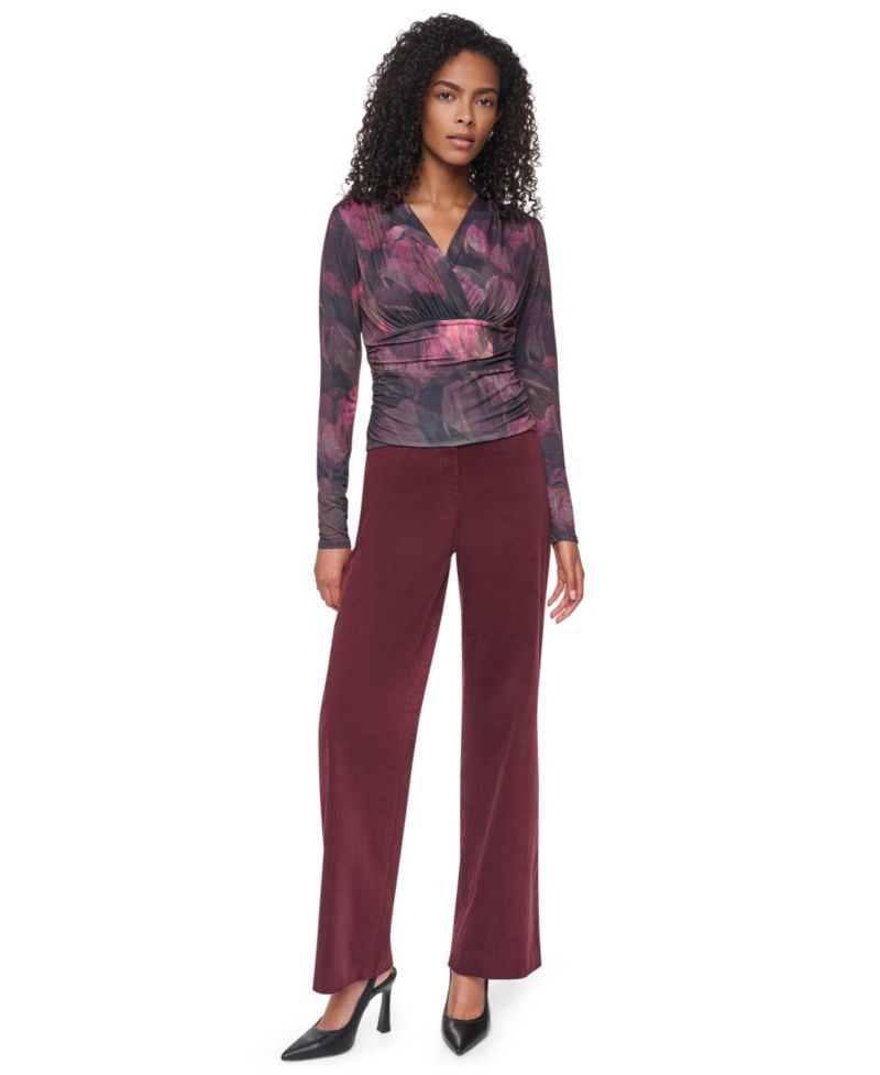 Women's Floral-Print Ruched Long-Sleeve V-Neck Blouse