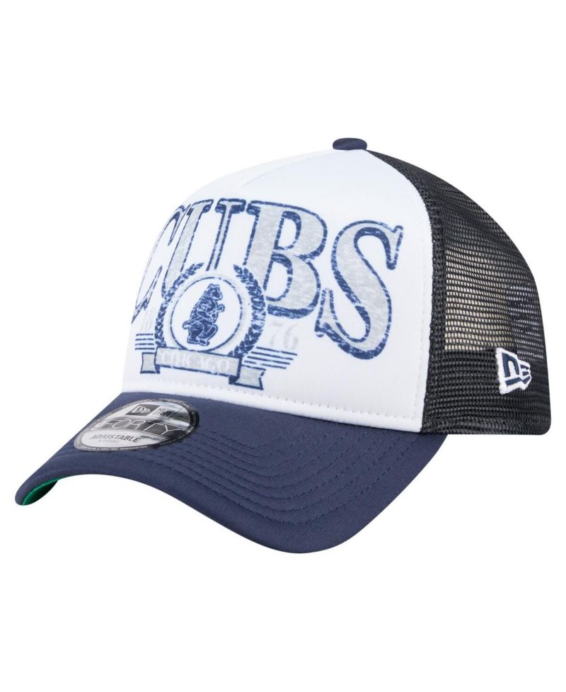 Men's White/Navy Chicago Cubs Distressed 9FORTY A-Frame Adjustable Trucker Hat