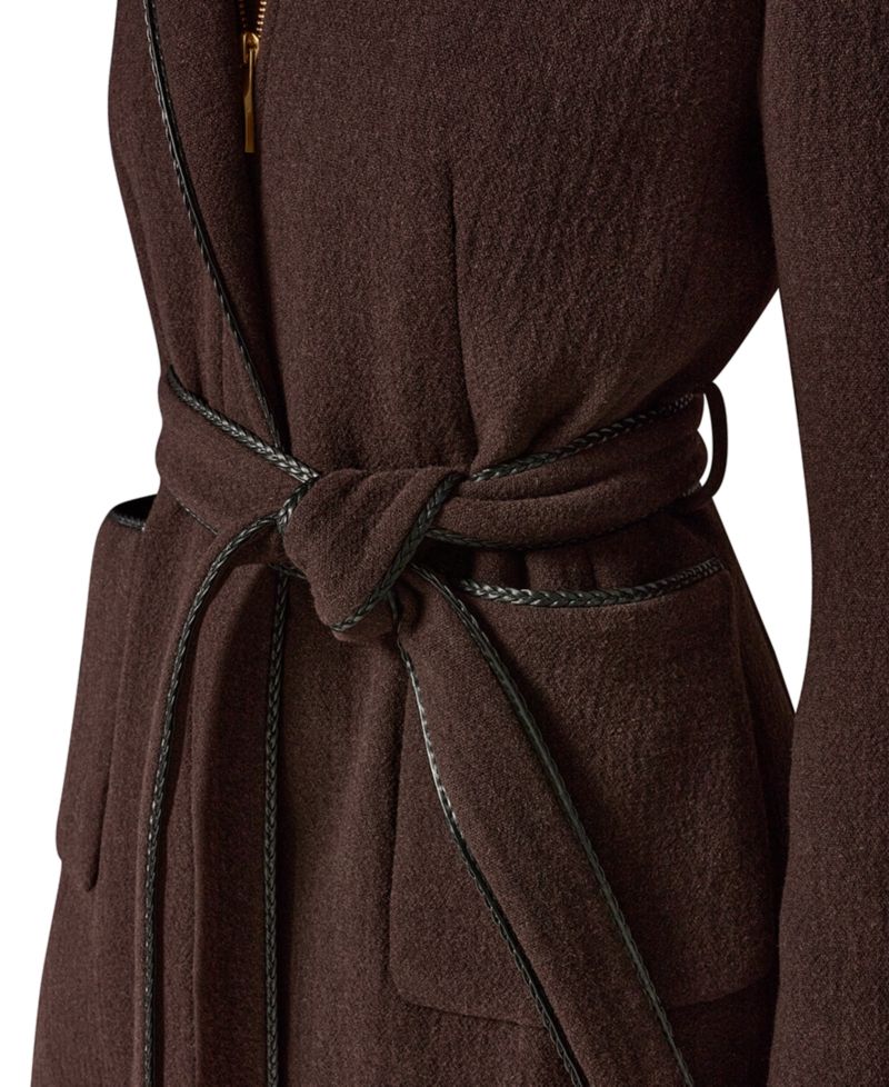 Women's Collarless Wool-Blend Pleather Trim Coat