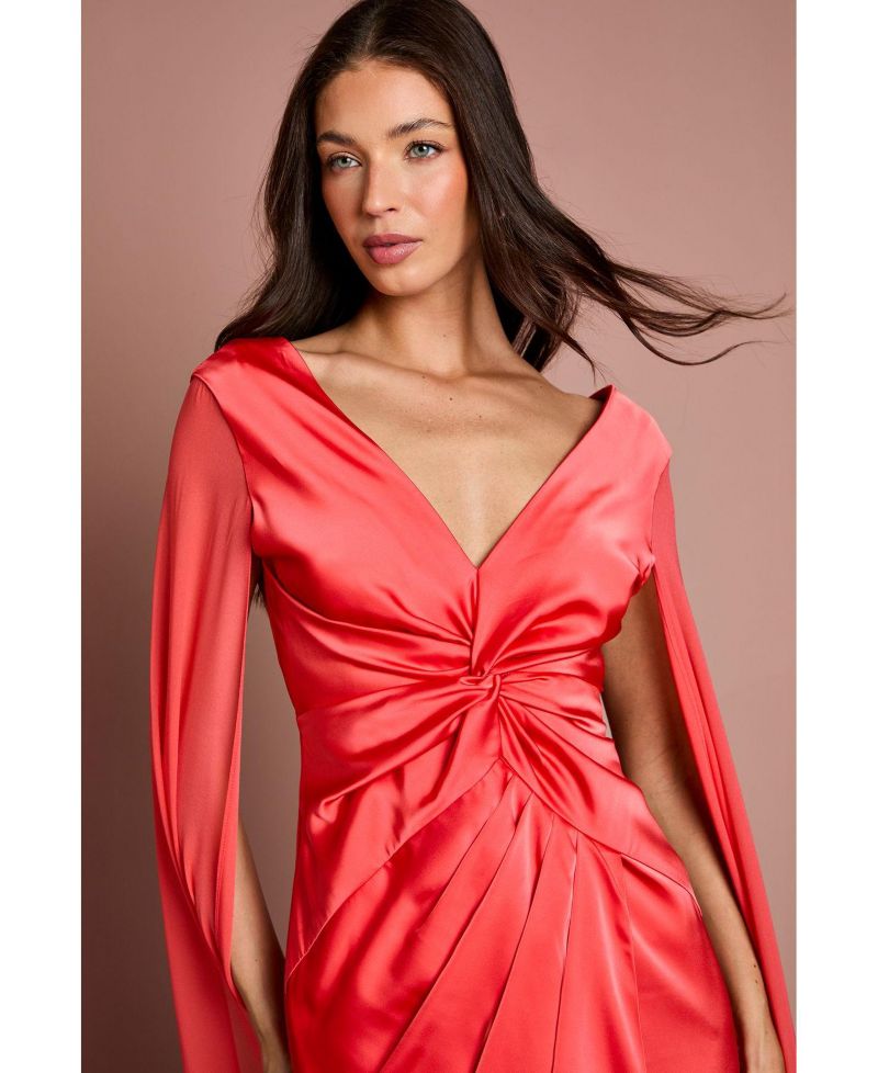 Women's Cape Sleeve V-Neck Satin Maxi Dress