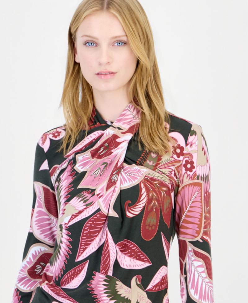 Women's Long-Sleeve Mock-Neck Floral-Print Blouse