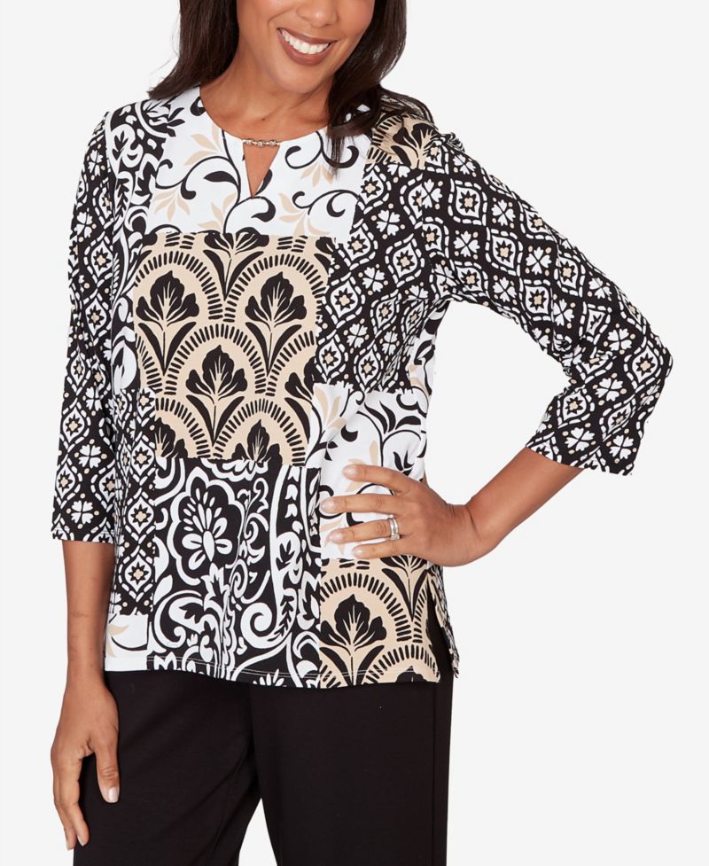 Petite Classic Geometric Scroll Patchwork Split Neck Top