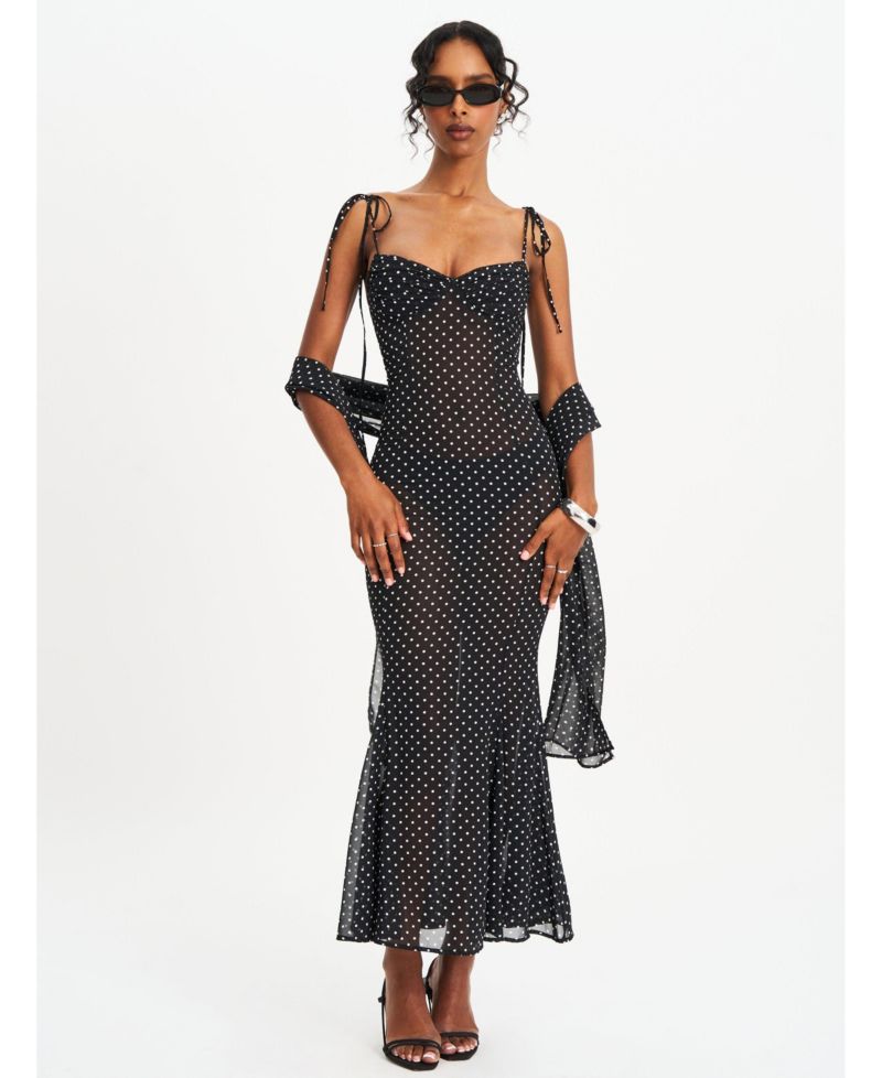 Women's Yadira Black Base Polka Dot Chiffon Maxi Dress