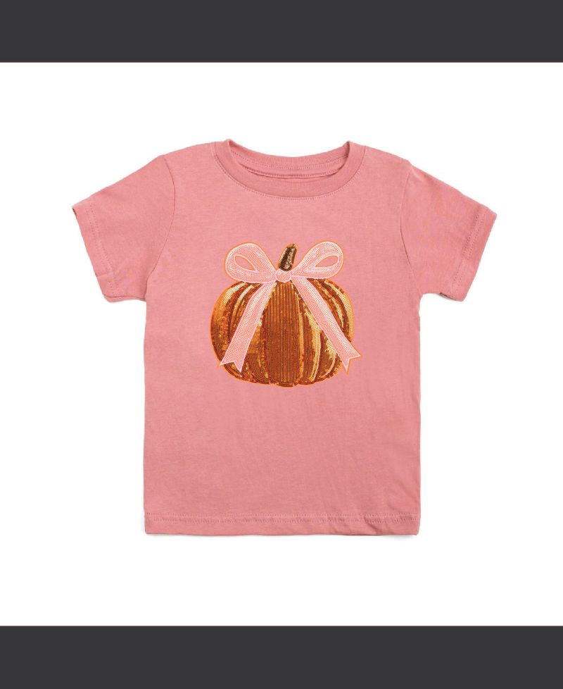 Big Girls Coquette Pumpkin Sequin Patch Short Sleeve T-Shirt