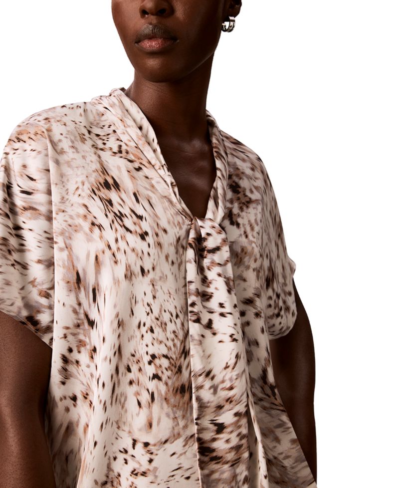 Women's Printed Flat Satin Tie-Neck Blouse