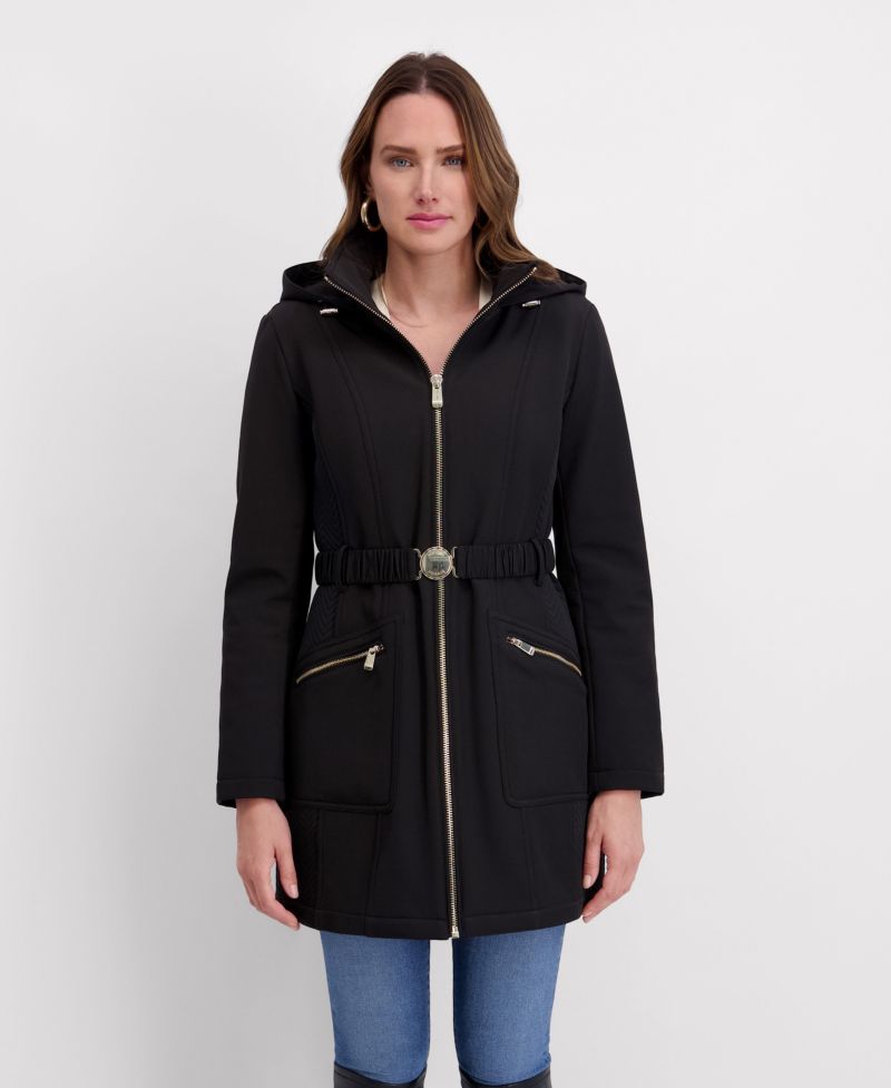 Women's Hooded, Metal Buckle Belted Softshell with Embossed Panels
