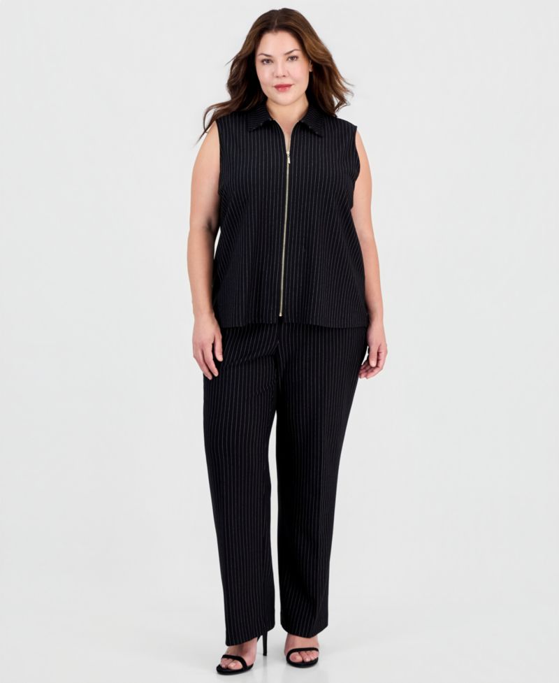 Plus Size Pull-On Pinstripe Wide-Leg Trousers