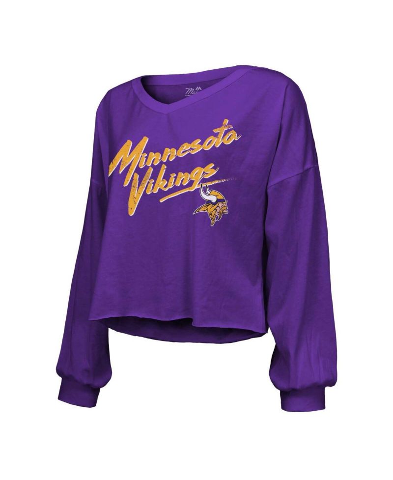 Women's J.J. McCarthy Purple Minnesota Vikings Name & Number Off-Shoulder Script Cropped Long Sleeve V-Neck T-Shirt