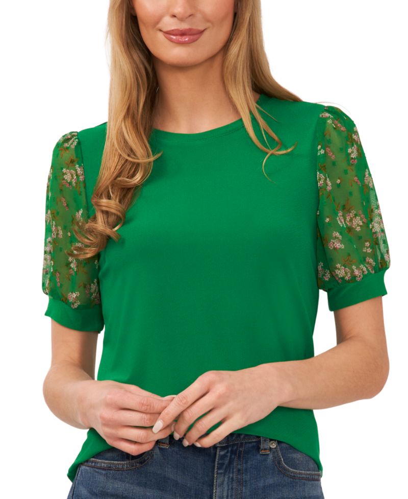 Women's Mixed Media Puff Sleeve Bouquet Knit Top