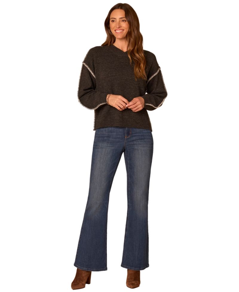 Women's Long-Sleeve Blanket Stitch Embroidery V-Neck Sweater