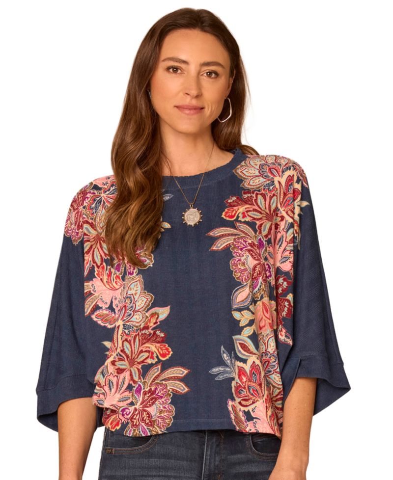 Petite Floral 3/4-Length Dolman Scoop-Neck Blouse