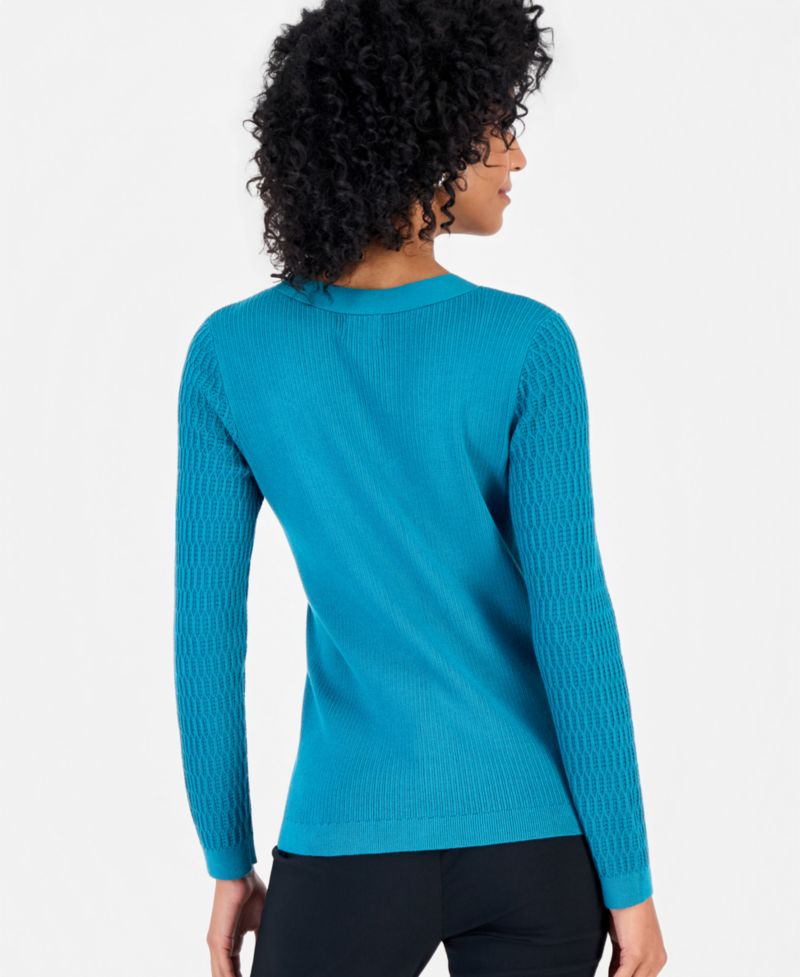 Women's Mixed Stitch Long-Sleeve V-Neck Sweater