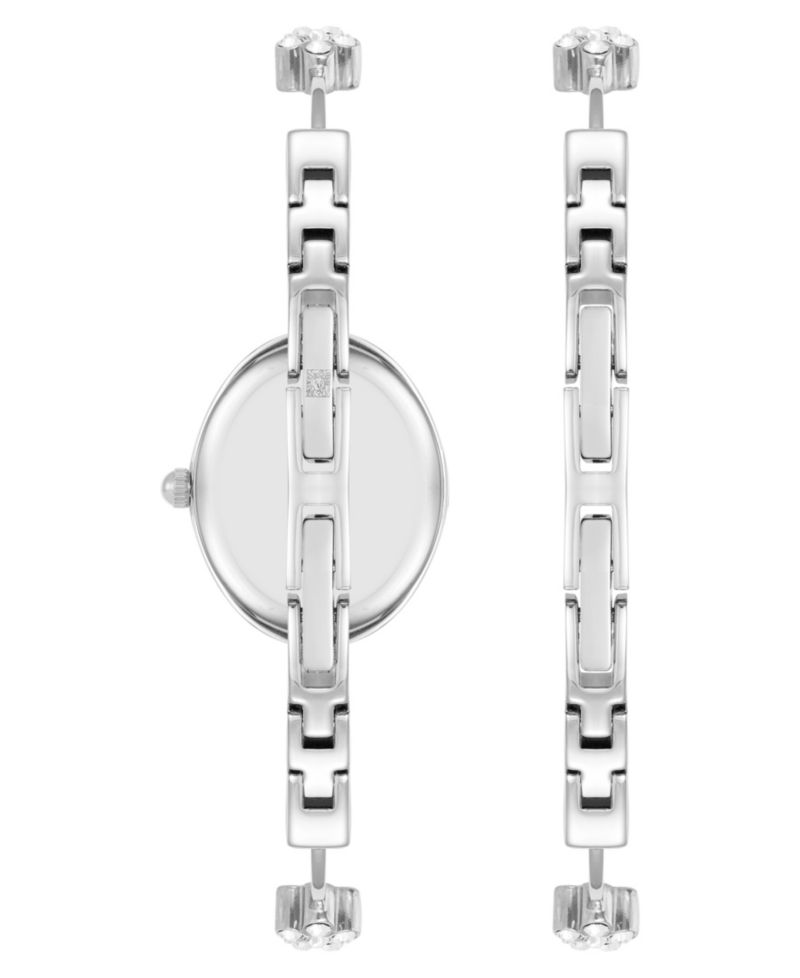 Women's Quartz Delicate Crystal Flower Silver-Tone Stainless Steel Bracelet Watch Set, 19mm
