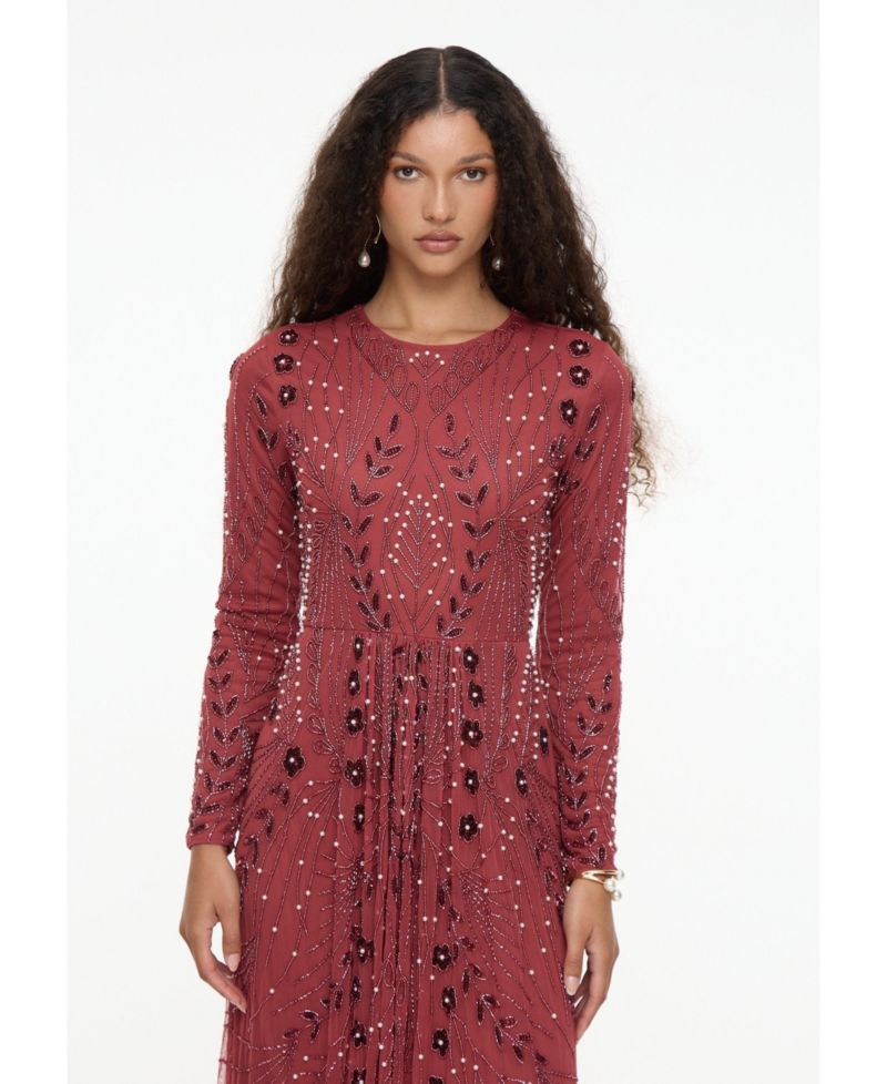 Women's Modest Embellished Sequin Beaded Dress Maxi With Designer Bottom