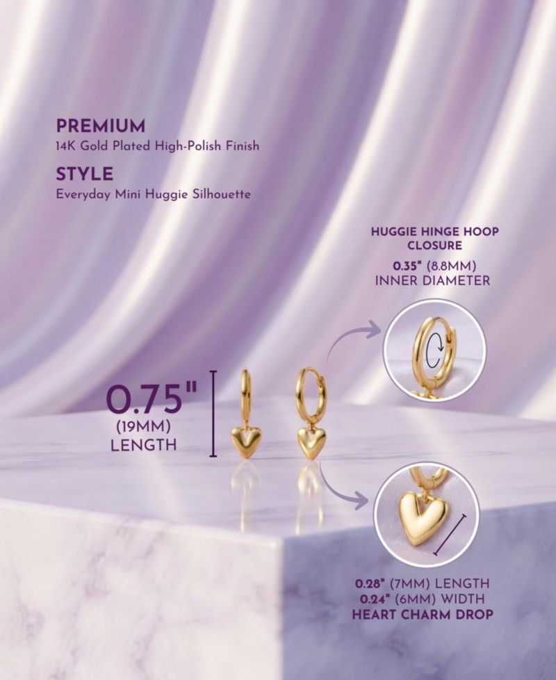 14K Gold Plated Mini Puff Heart Charm Huggie Hoop Earrings