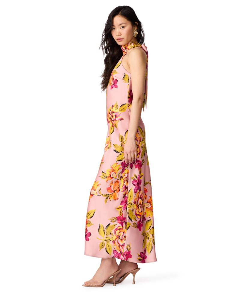 Juniors' Floral-Print Satin Halter Wedding-Guest Dress