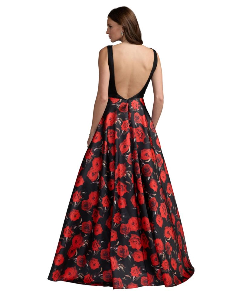 Women's Floral-Print Bateau Open-Back Ball Gown
