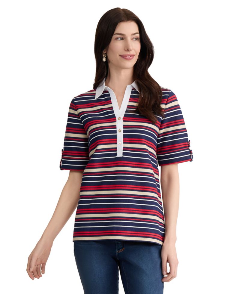 Petite Cuffed Elbow Sleeve Striped Polo