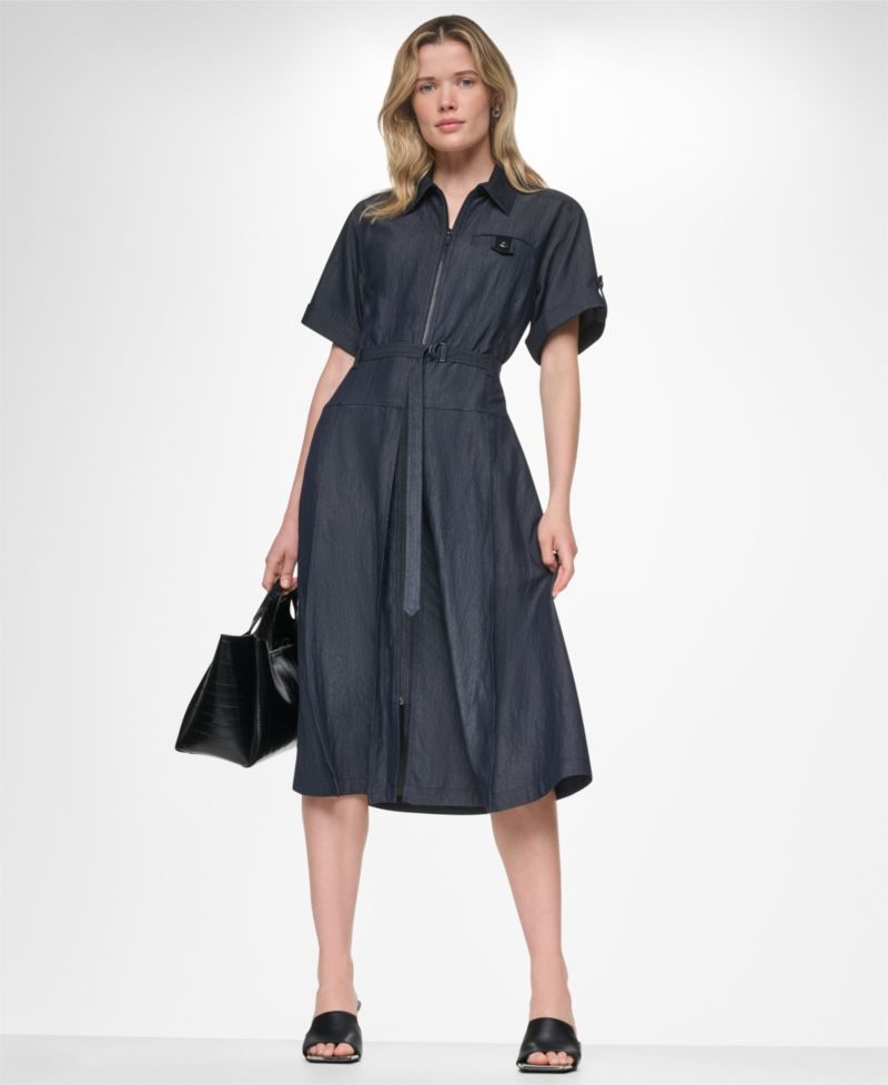 Women's Collared Short-Sleeve Removable Belt Midi Dress