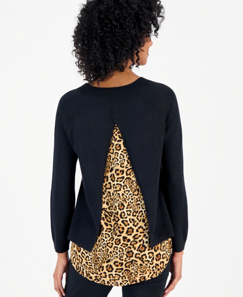 Women's Bold Leopard Two-Fer Split Back Sweater