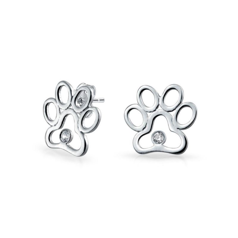 Animal Lover Cut-Out Paw Print Stud Earrings CZ Accent .925 Sterling Silver