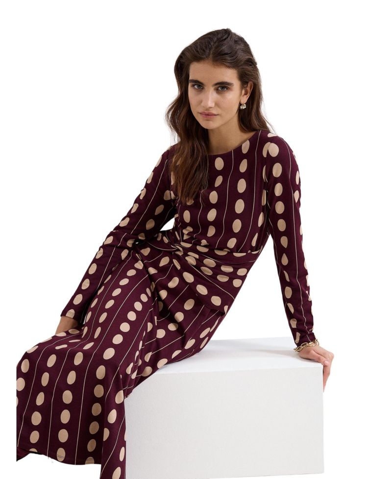 Women's Eugenie Spot Knot-Waist Long-Sleeve Midi Dress