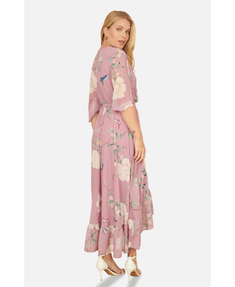 Women's Bird And Floral Print Midi Wrap Dress