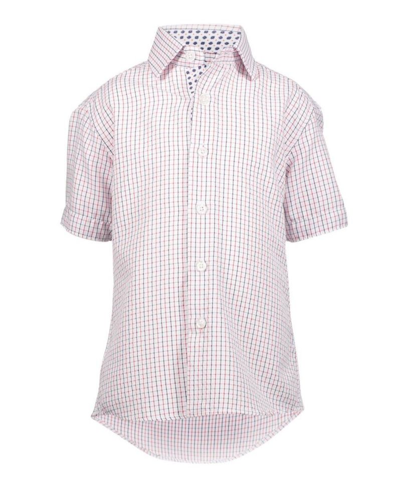 Little Boys Red Short Sleeve Navy Tattersal Slim Fit Shirt