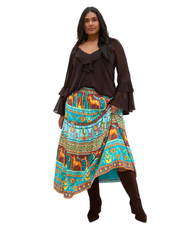 Plus Size Paradiso Tiered High-Waisted Print Midi Skirt