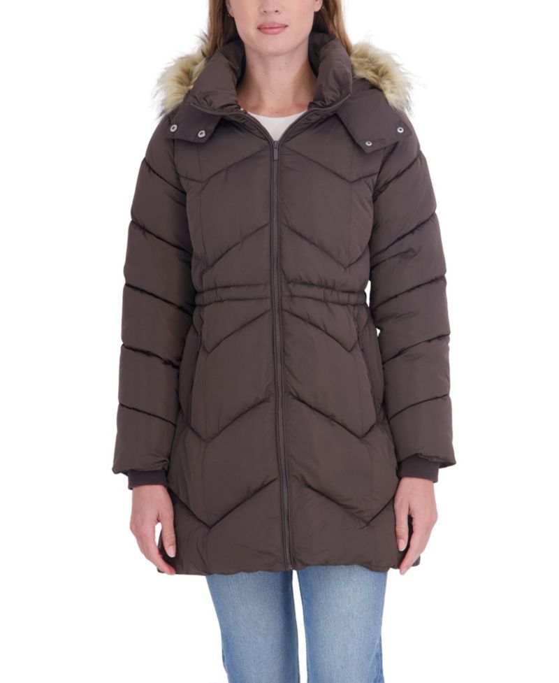 Women's 3/4 Hooded Faux Fur Trimmed Puffer Coat