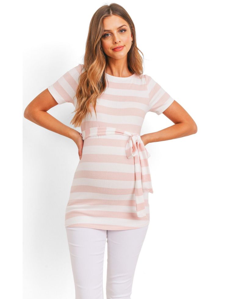 Women's Maternity Striped Tie-Waist Short Sleeve Tunic Top