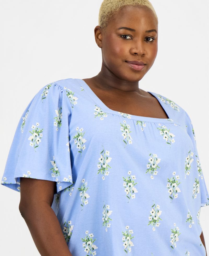 Plus Size Short Flutter-Sleeve Square-Neck Knit Top