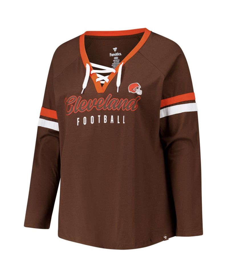 Women's Brown Cleveland Browns Plus Size Won Done Lace-Up V-Neck Long Sleeve T-Shirt