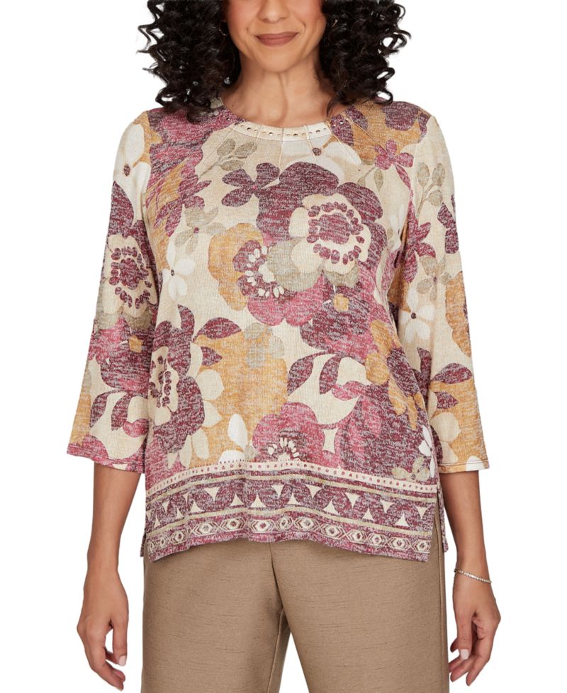 Petite Union Square Exploded Floral Geo Border 3/4-Sleeve Top