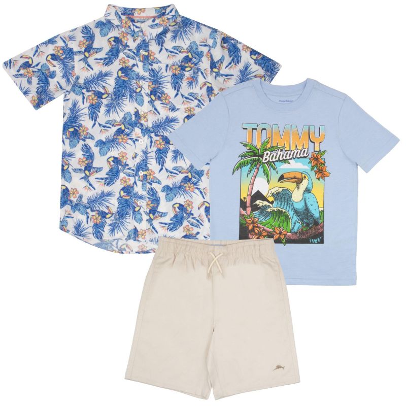 Big Boys Classic Woven Button Down Shirt, Tees and Shorts Outfit Set