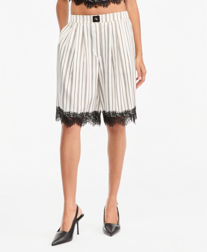 Women's Pinstripe Satin High-Waisted Lace-Trim Shorts