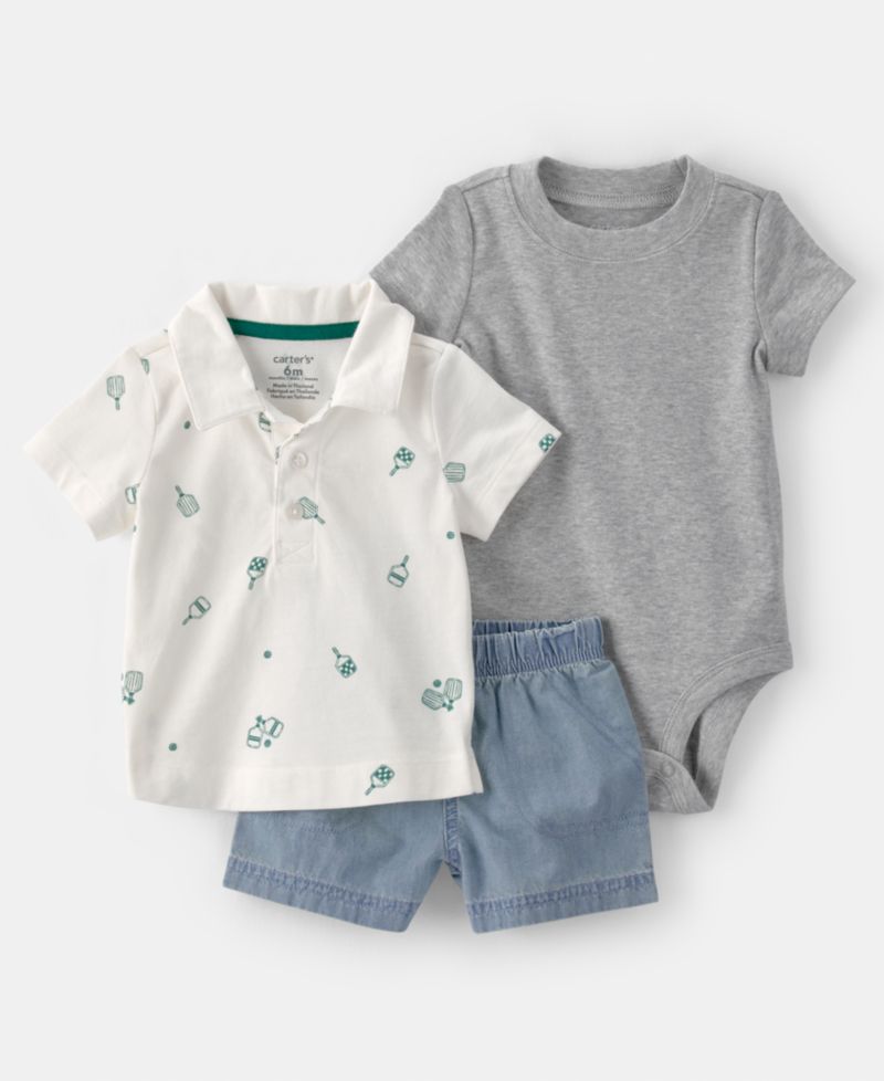 Baby Boys' Pickleball Short-Sleeve Polo Shirt, Bodysuit and Shorts, 3-Piece Set