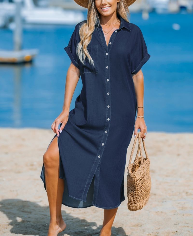 Women's Denim Short Sleeve Button Down Cover Up Dress