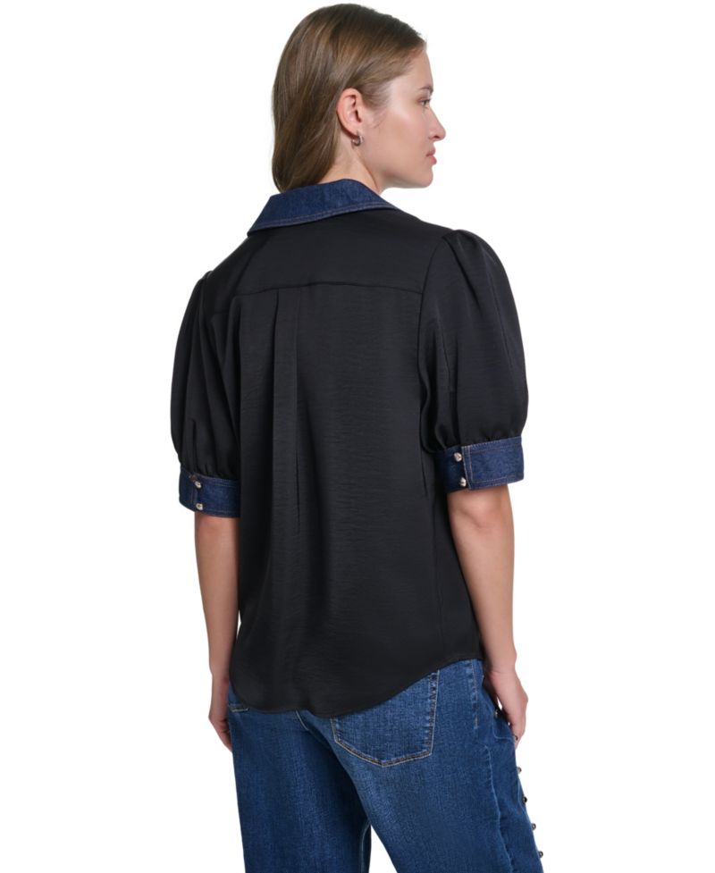 Petite Denim Collar Button-Front Blouse