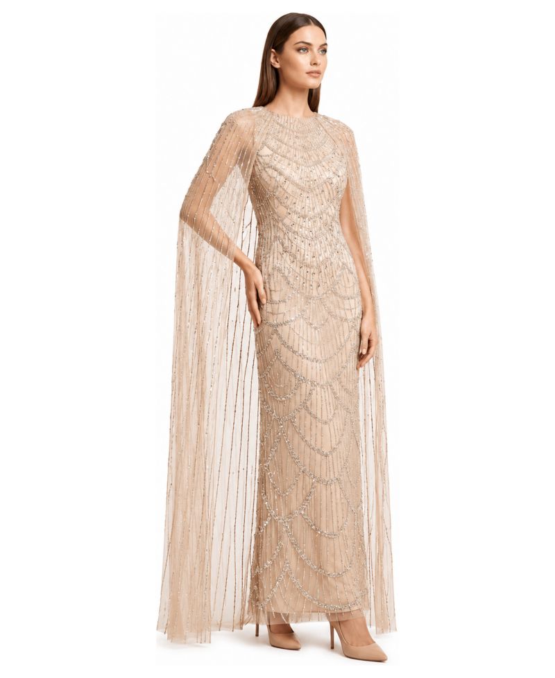 Women's Beaded High-Neck Cape Gown