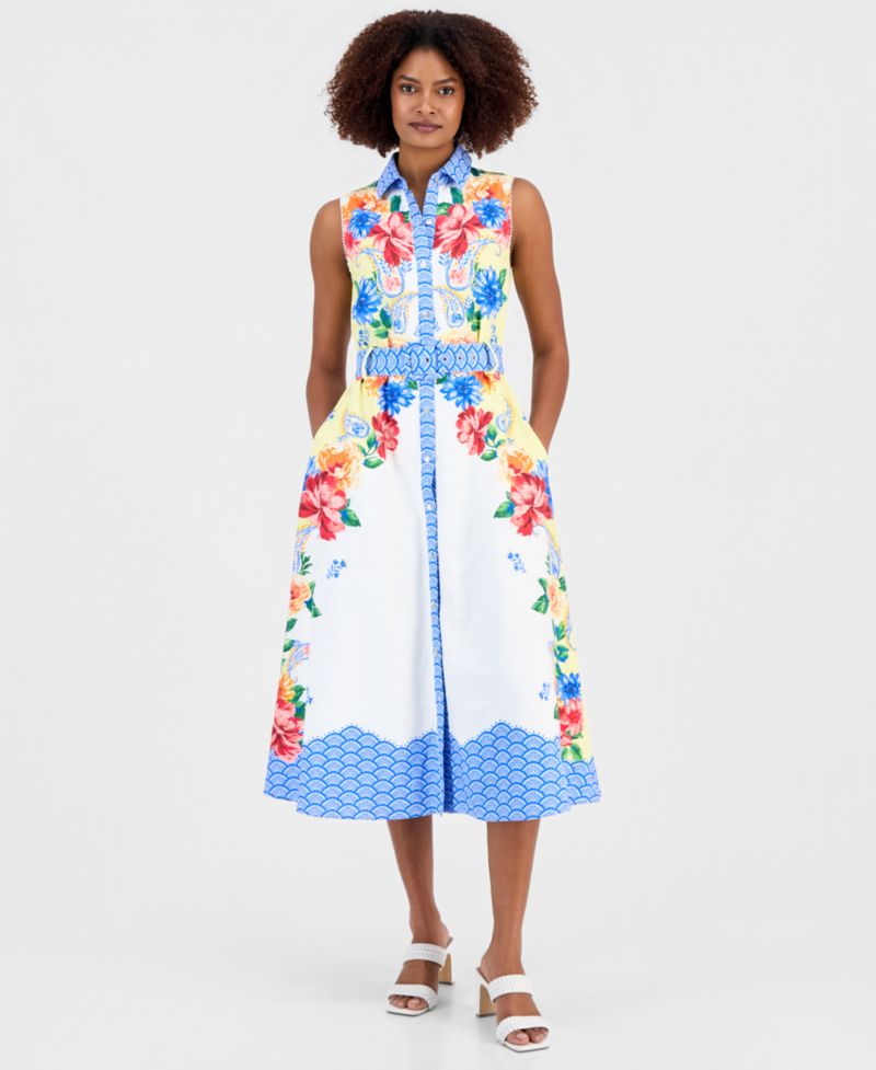 Women's Printed Sleeveless Midi Shirtdress