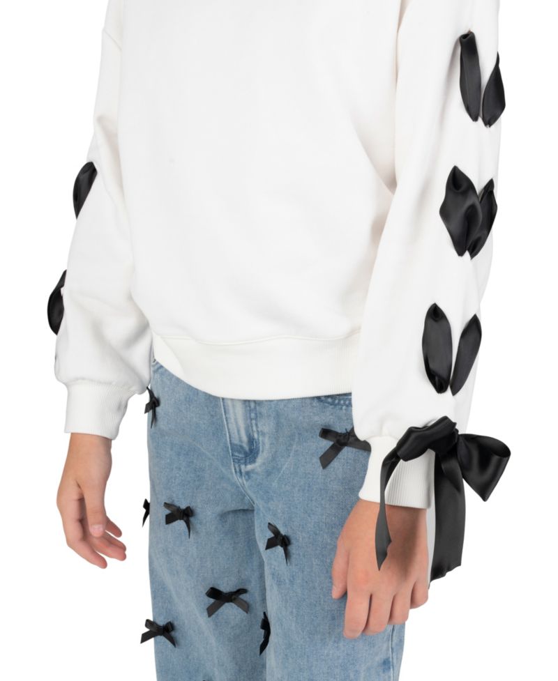 Girls' 7-12 Bow-Trim Sweatshirt and Bow-Embellished Wide-Leg Denim Pants, 2-Piece Set