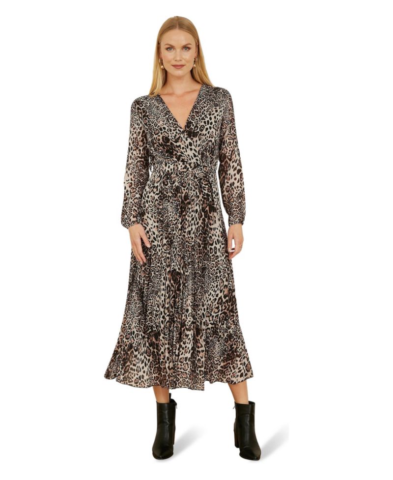 Women's Leopard Print Long Sleeve Midi Dress