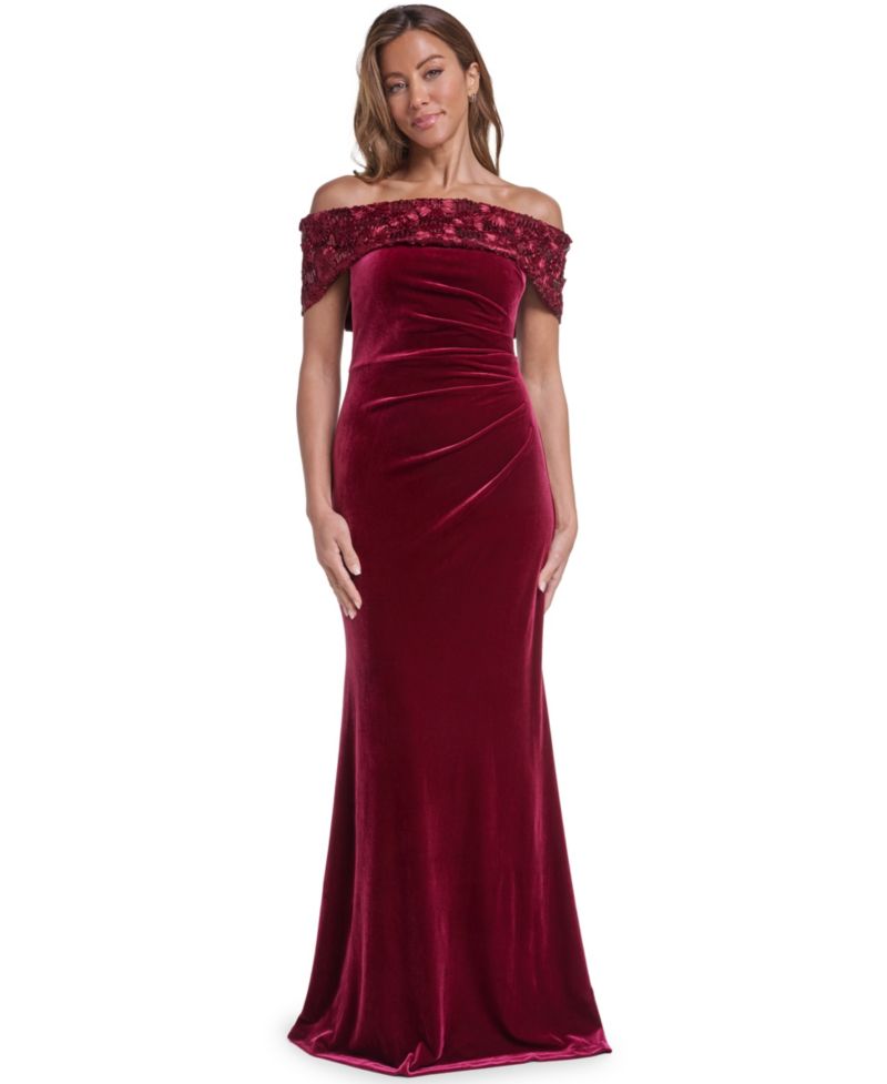 Women's Off the Shoulder Side Tuck Velvet Floral-Applique Sequin Gown