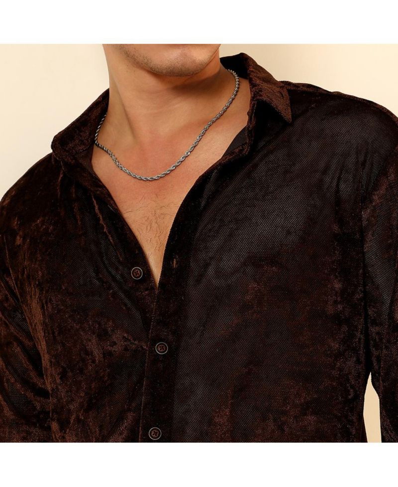 Men's Chocolate Brown Solid Velvet Shirt