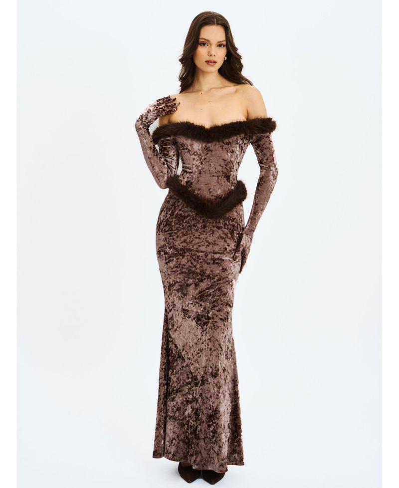 Women's Tessa Coffee Sweetheart Bardot Faux Fur Velvet Mermaid Maxi Dress